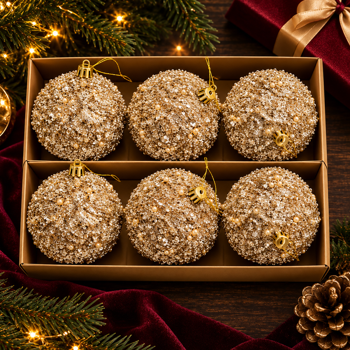Velvet Christmas Bauble Set overview with Champagne, White and Green variants
