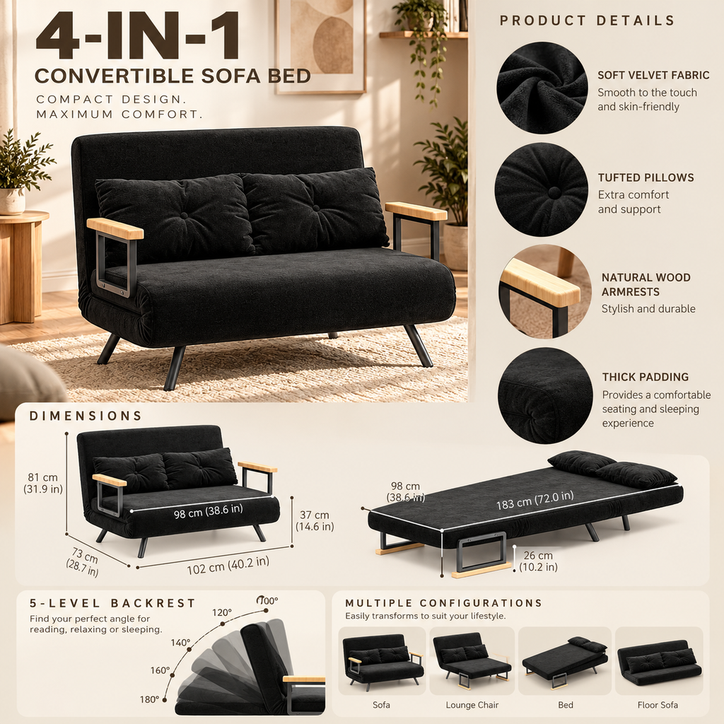 Professional product infographic of a charcoal 4-in-1 convertible sofa bed showing features, dimensions, adjustable backrest positions, and sofa, lounge chair, bed, and floor sofa configurations