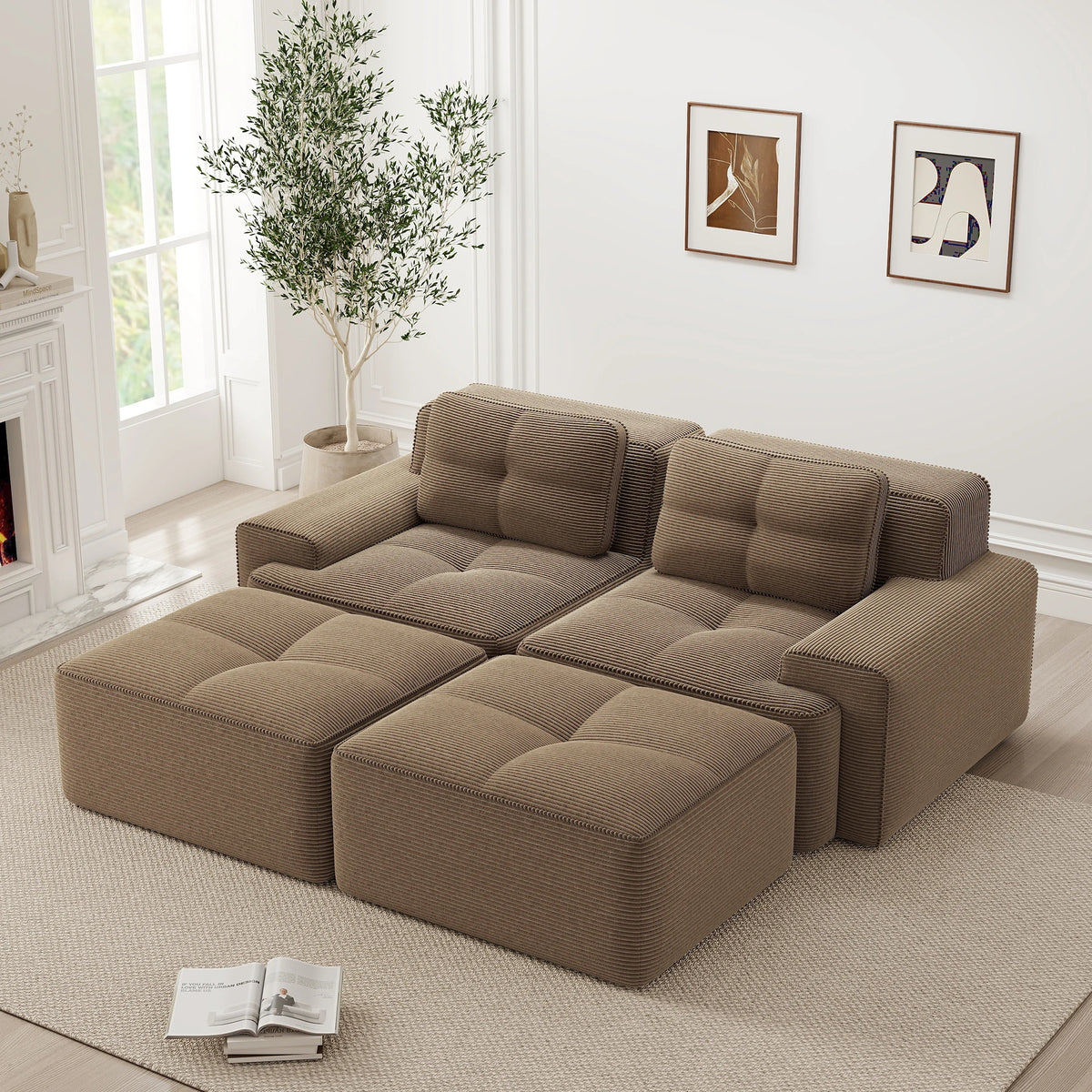 Soft Modular U-Shaped Corduroy Sofa – 3–4 Seater