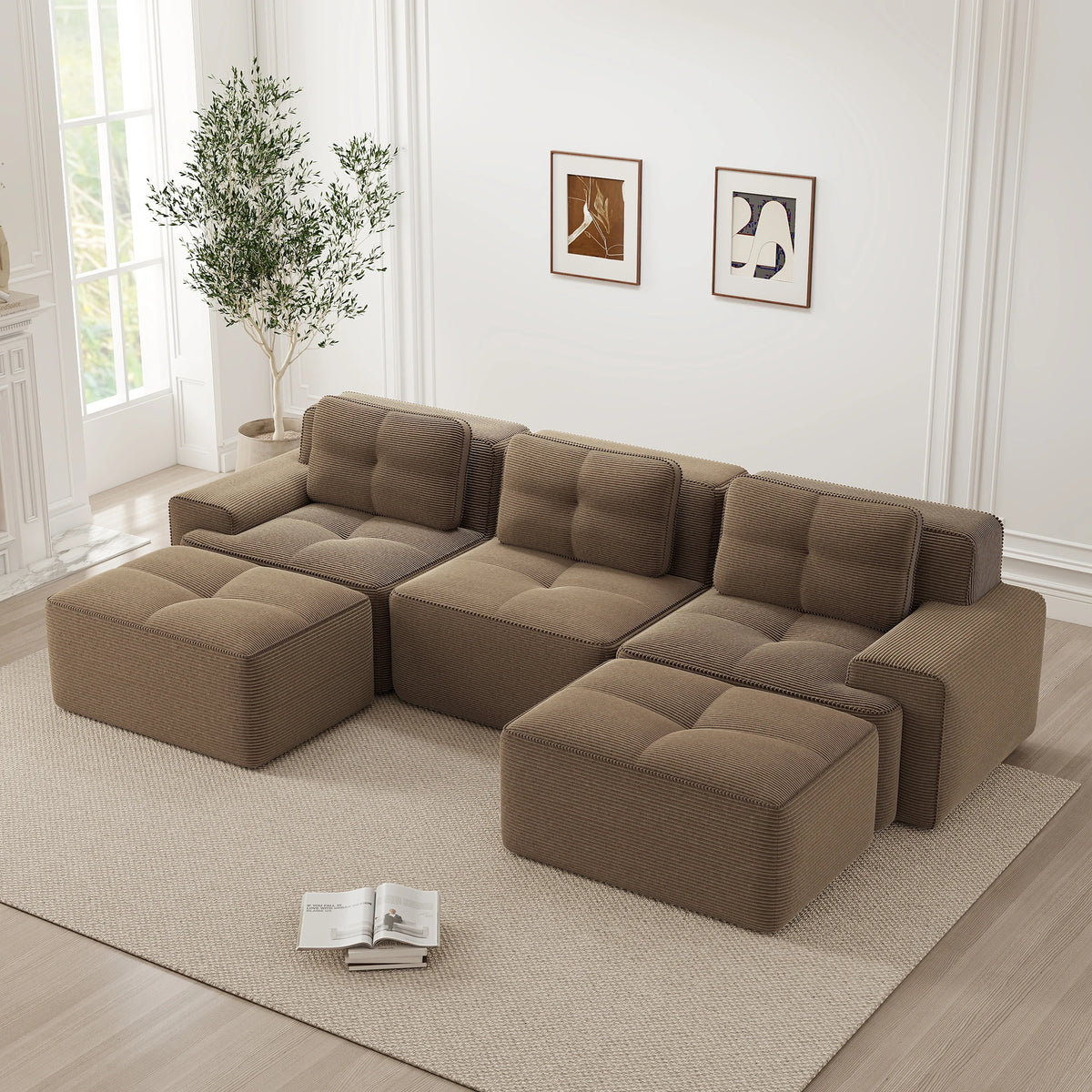 Soft Modular U-Shaped Corduroy Sofa – 3–4 Seater