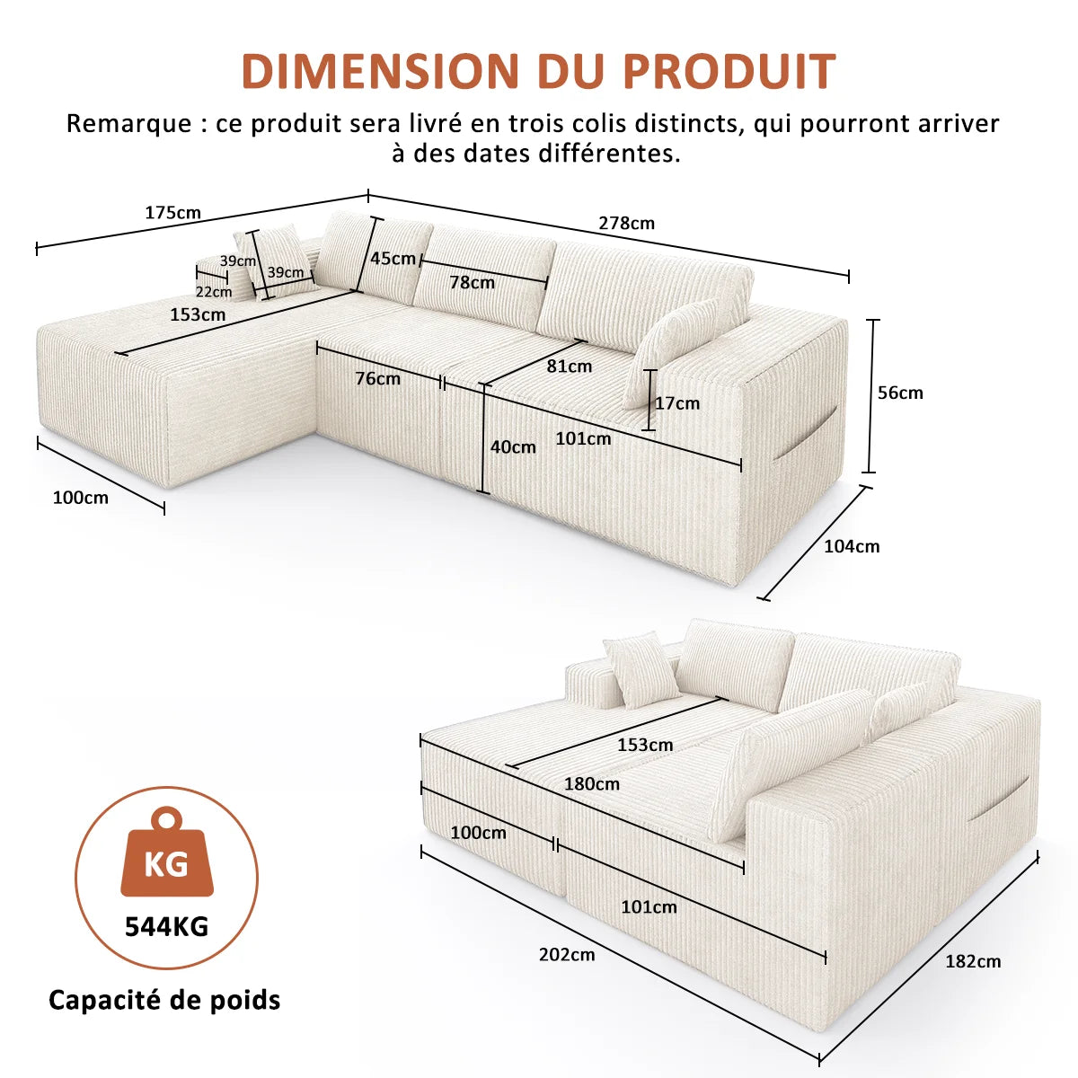 Corduroy Modular L-Shaped Sofa with Chaise – Dark Grey