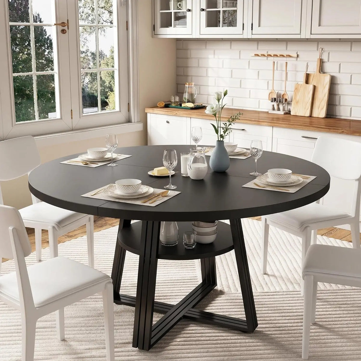 Round Dining Table for 4–6 with Storage – Black