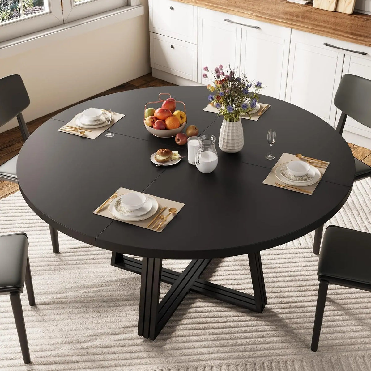 Round Dining Table for 4–6 with Storage – Black