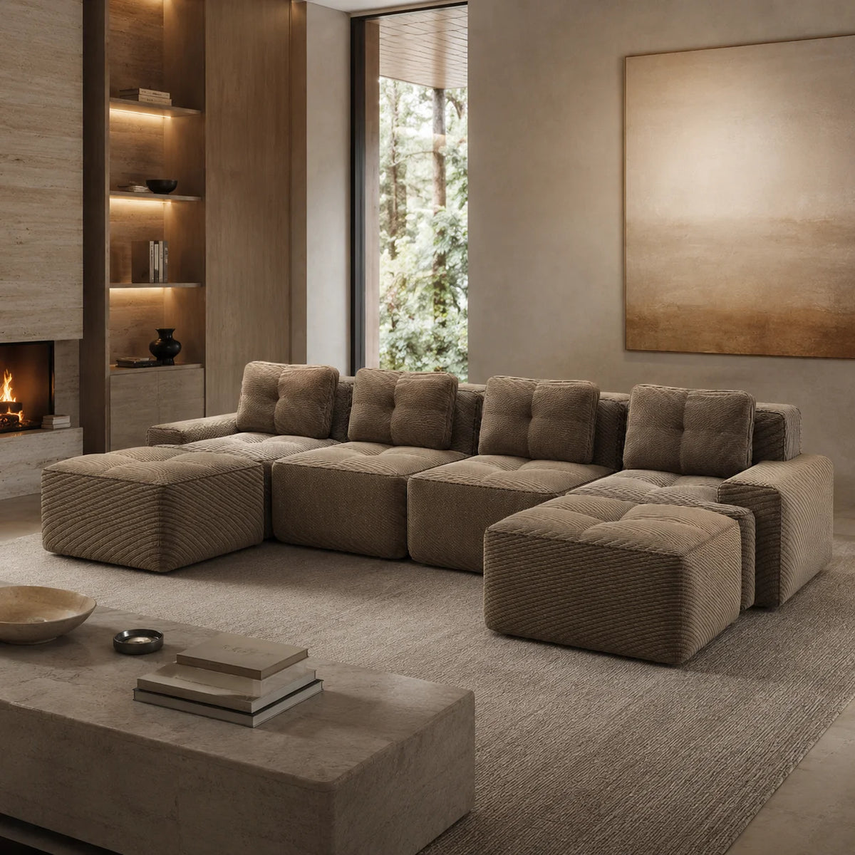 Soft Modular U-Shaped Corduroy Sofa – 3–4 Seater
