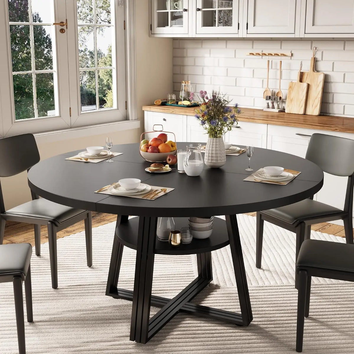 Round Dining Table for 4–6 with Storage – Black