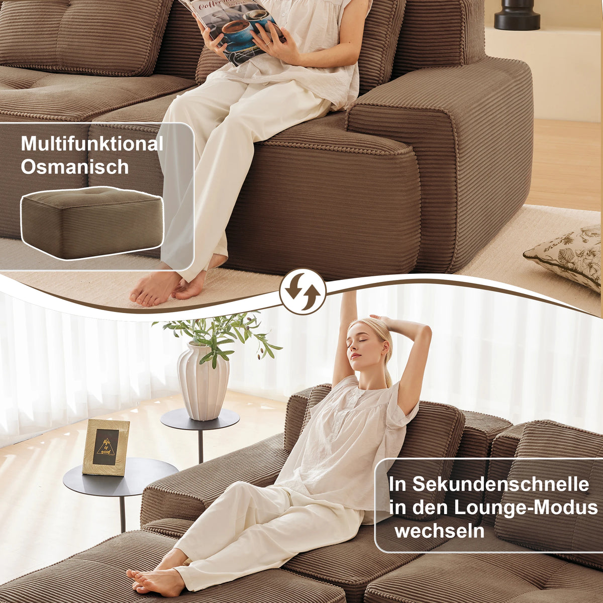 Soft Modular U-Shaped Corduroy Sofa – 3–4 Seater