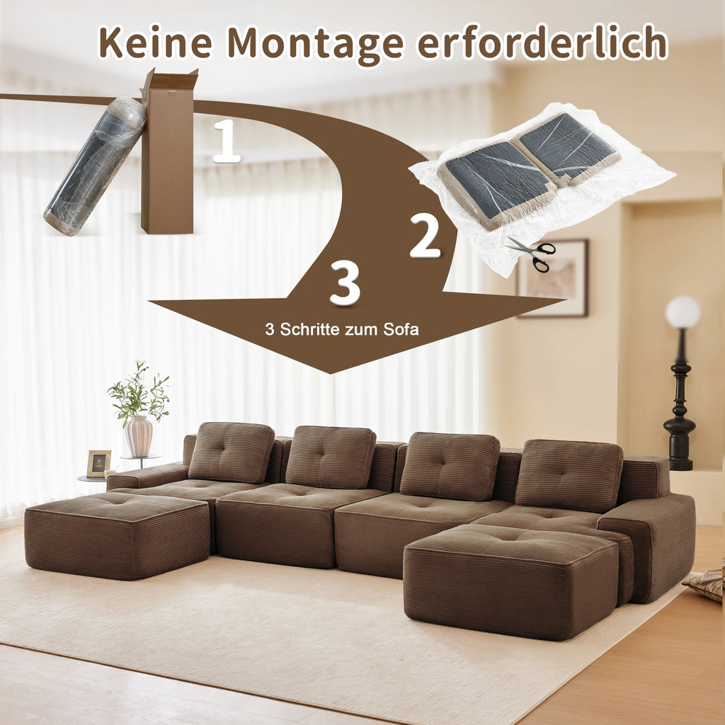 Soft Modular U-Shaped Corduroy Sofa – 3–4 Seater