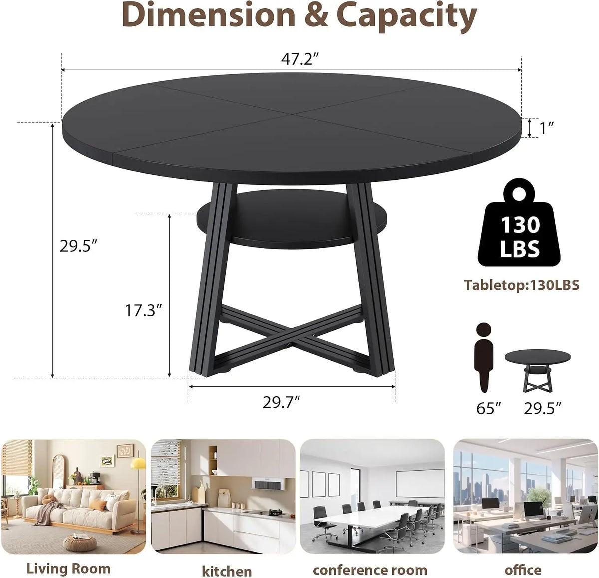Round Dining Table for 4–6 with Storage – Black