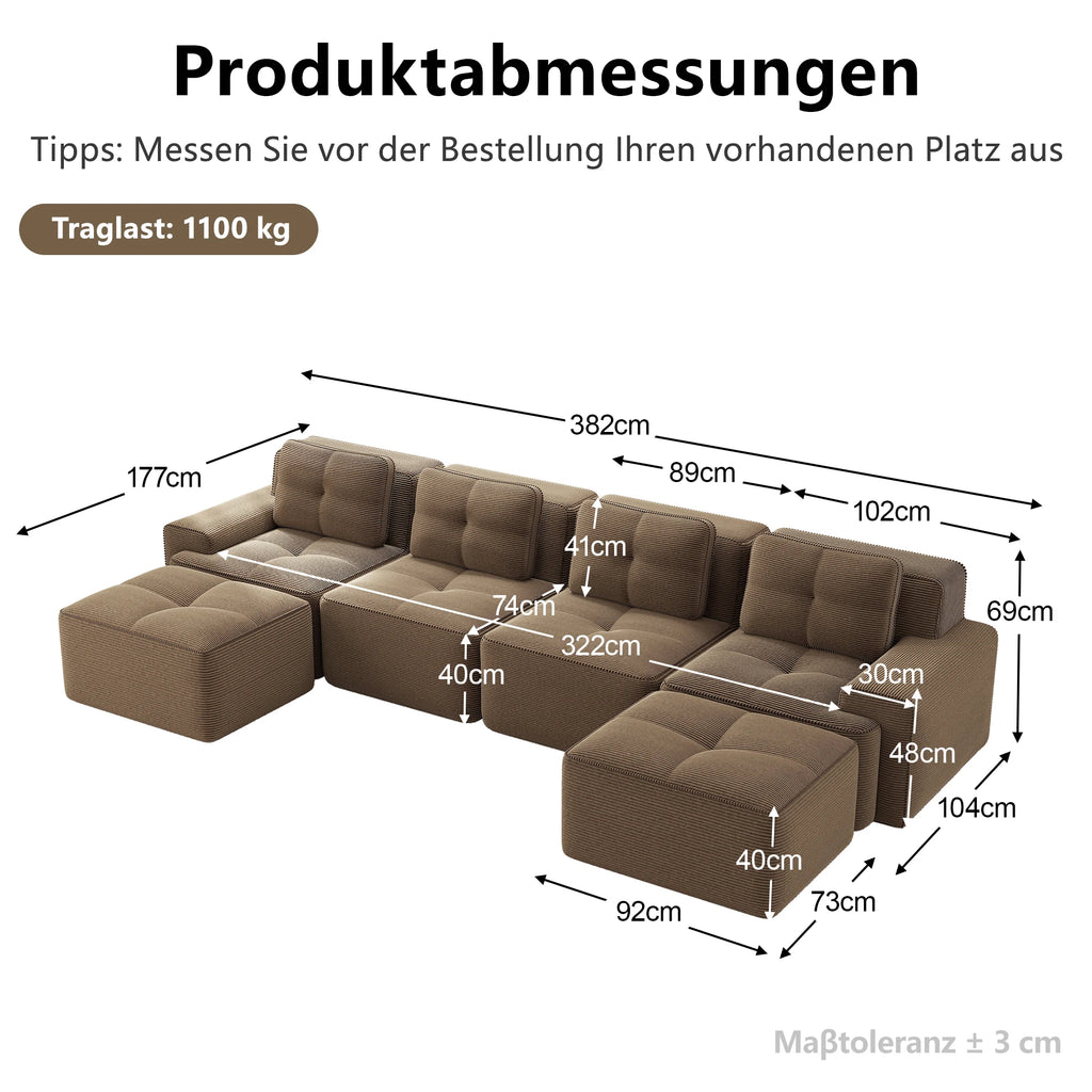 Soft Modular U-Shaped Corduroy Sofa – 3–4 Seater