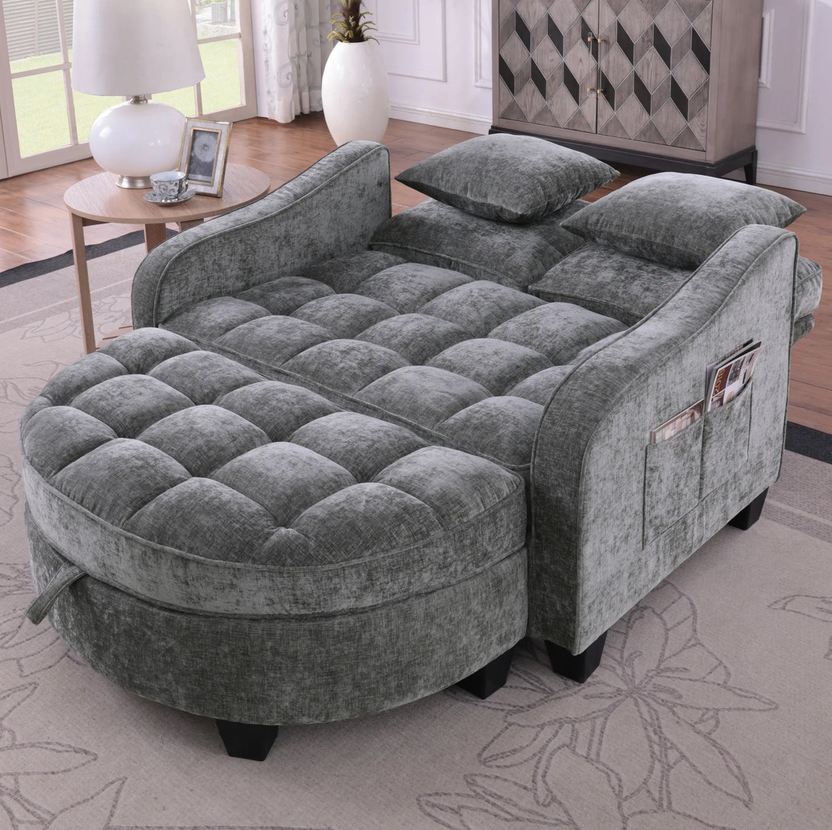 2-in-1 Convertible Sofa Bed with Storage Ottoman – Dark Grey