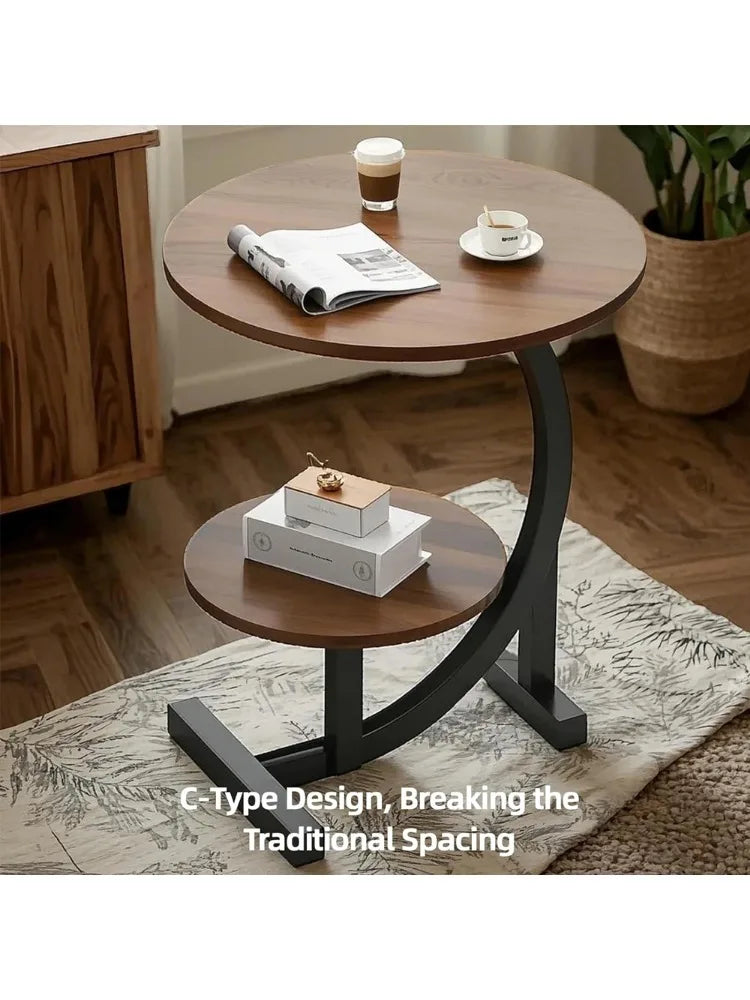 C-Shaped 2-Tier Side Table with Wood-Grain Finish – Brown