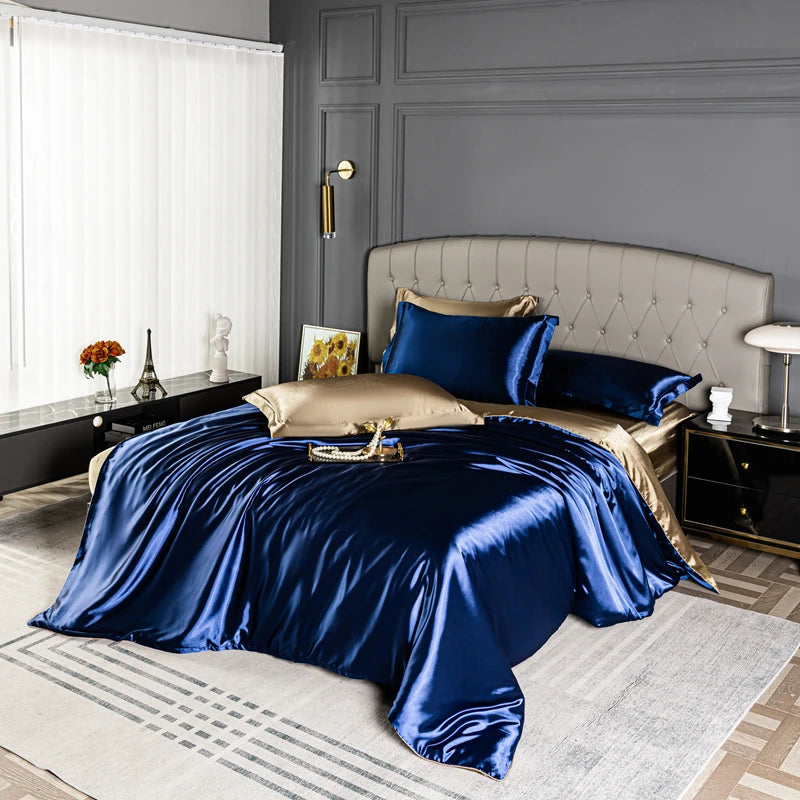 Satin Bedding Set – Duvet Cover, Sheet & Pillowcases Dark Blue & Gold
