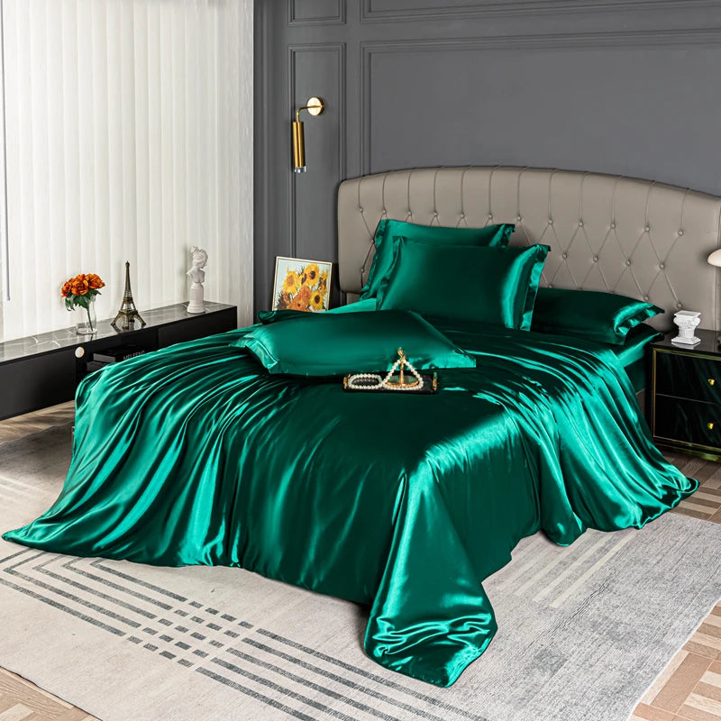 Satin Bedding Set – Duvet Cover, Sheet & Pillowcases Bright Green