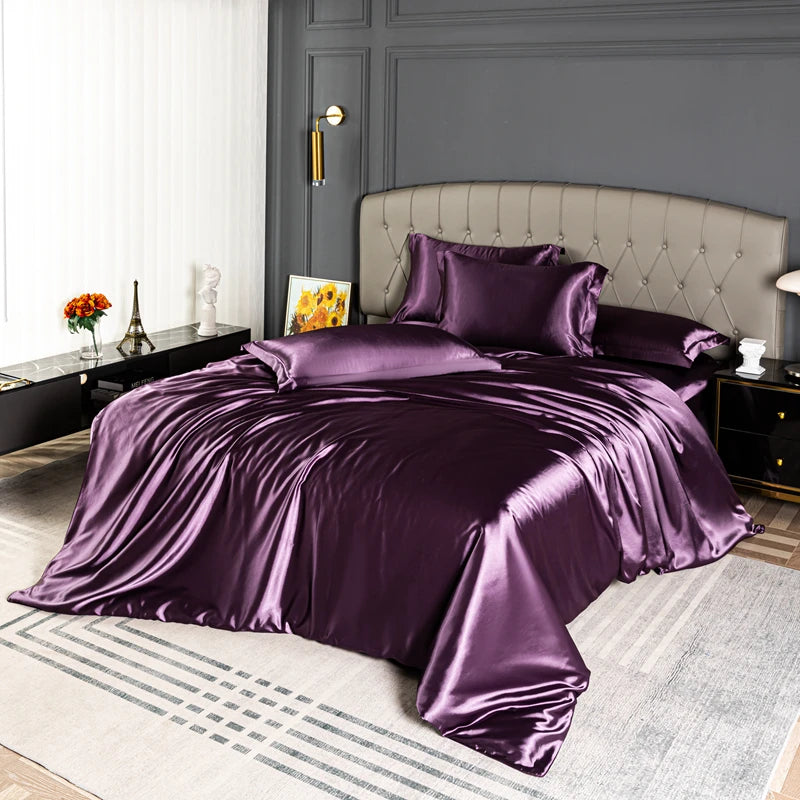 Satin Bedding Set – Duvet Cover, Sheet & Pillowcases Aubergine