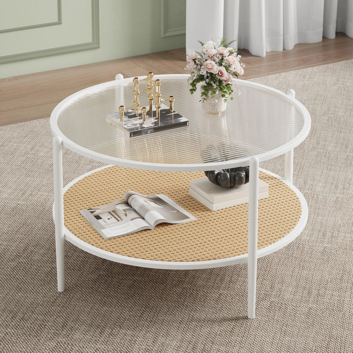 Round Rattan Side Table with Storage Shelf – Black/White