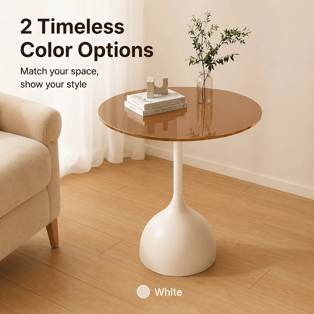 Round Side Table with Tempered Glass Top & Metal Frame – White/Black