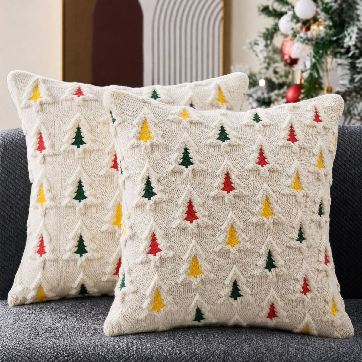 Christmas Tree Embroidered Cushion Cover – 2 piece set, 45x45 cm