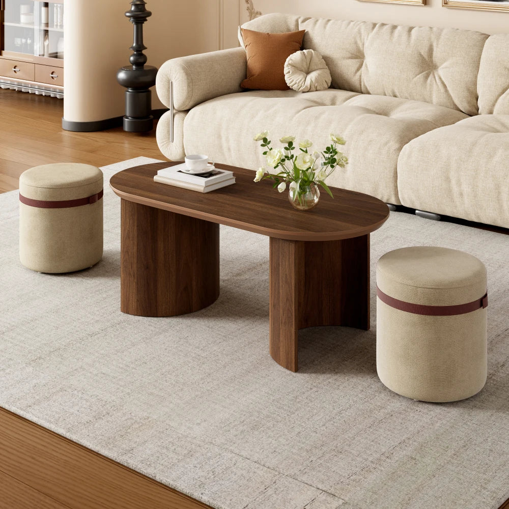 3-Piece Lounge Set with Round Table & 2 Upholstered Chairs – Walnut