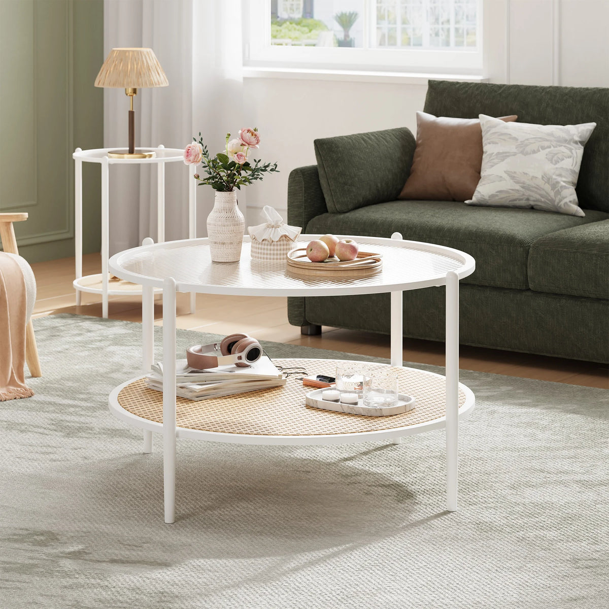 Round Rattan Side Table with Storage Shelf – Black/White