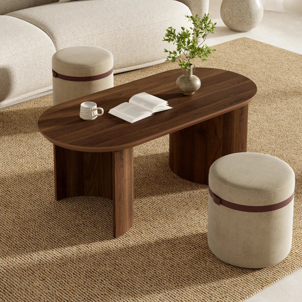 3-Piece Lounge Set with Round Table & 2 Upholstered Chairs – Walnut