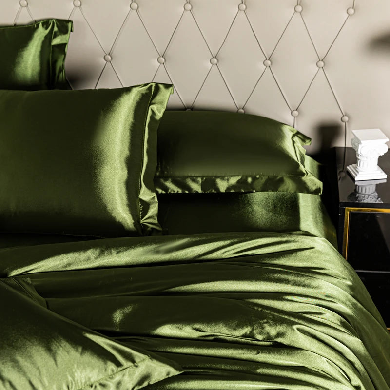 Satin Bedding Set – Duvet Cover, Sheet & Pillowcases Moss green