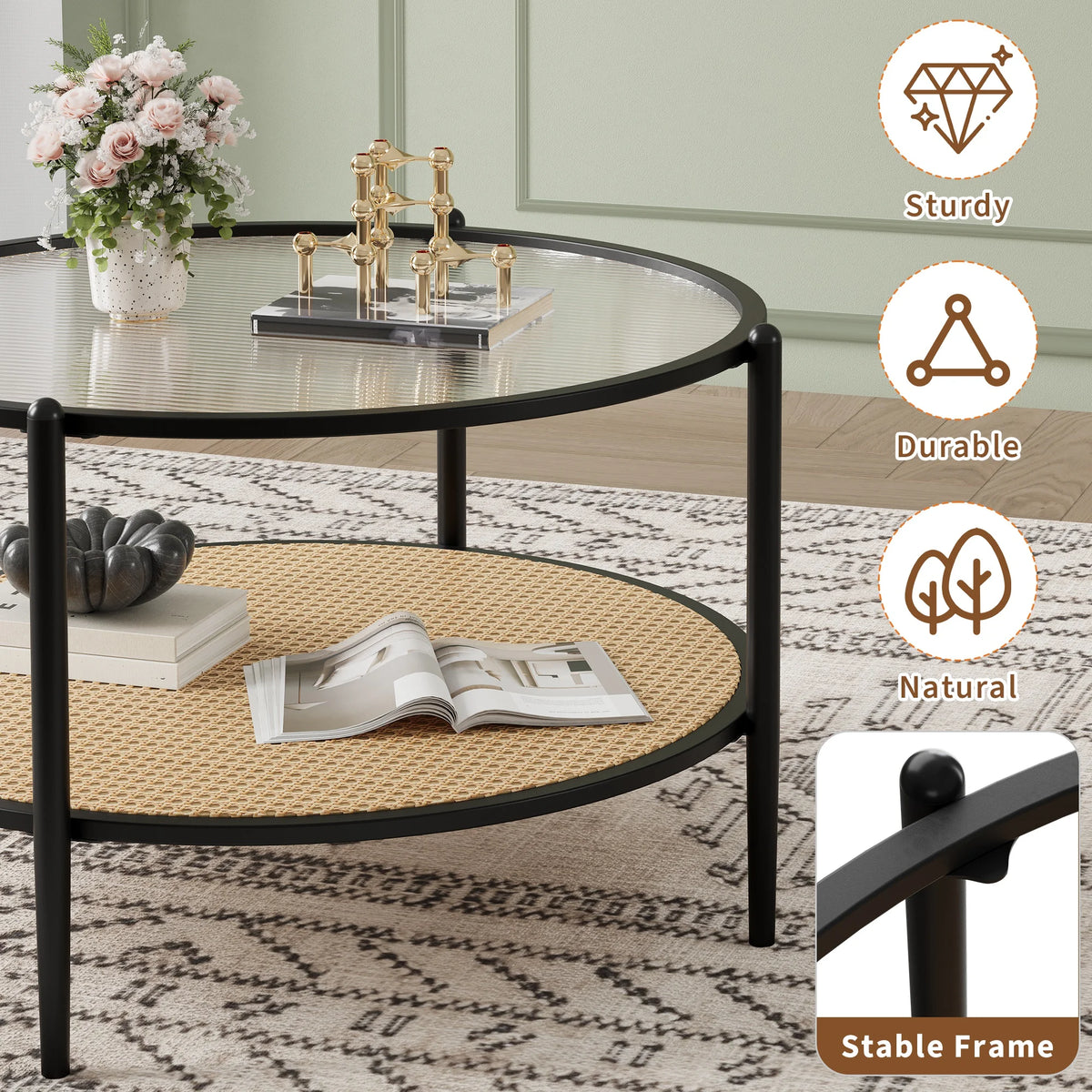 Round Rattan Side Table with Storage Shelf – Black/White