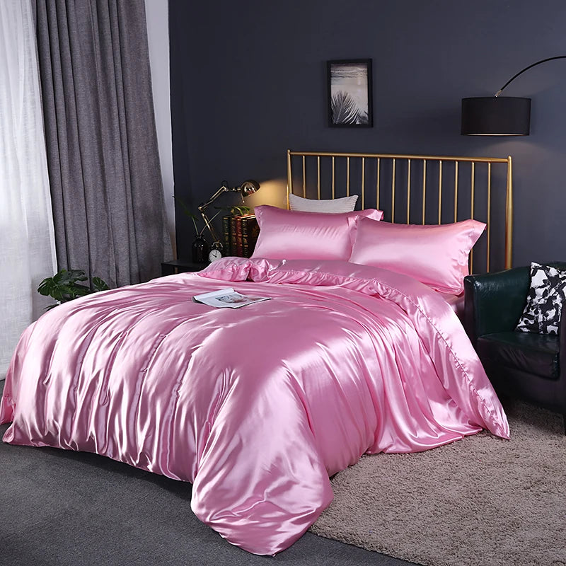 Satin Bedding Set – Duvet Cover, Sheet & Pillowcases Bright Pink