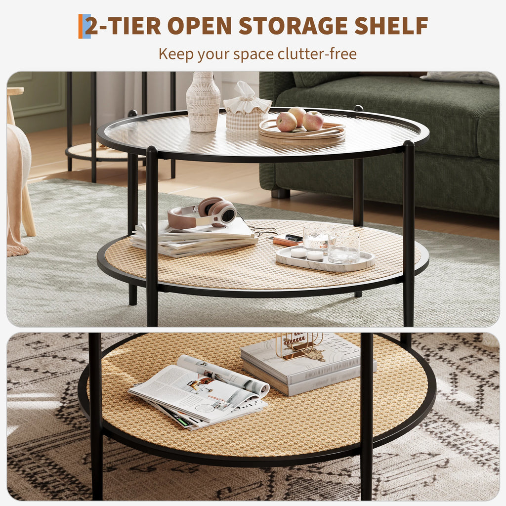Round Rattan Side Table with Storage Shelf – Black/White