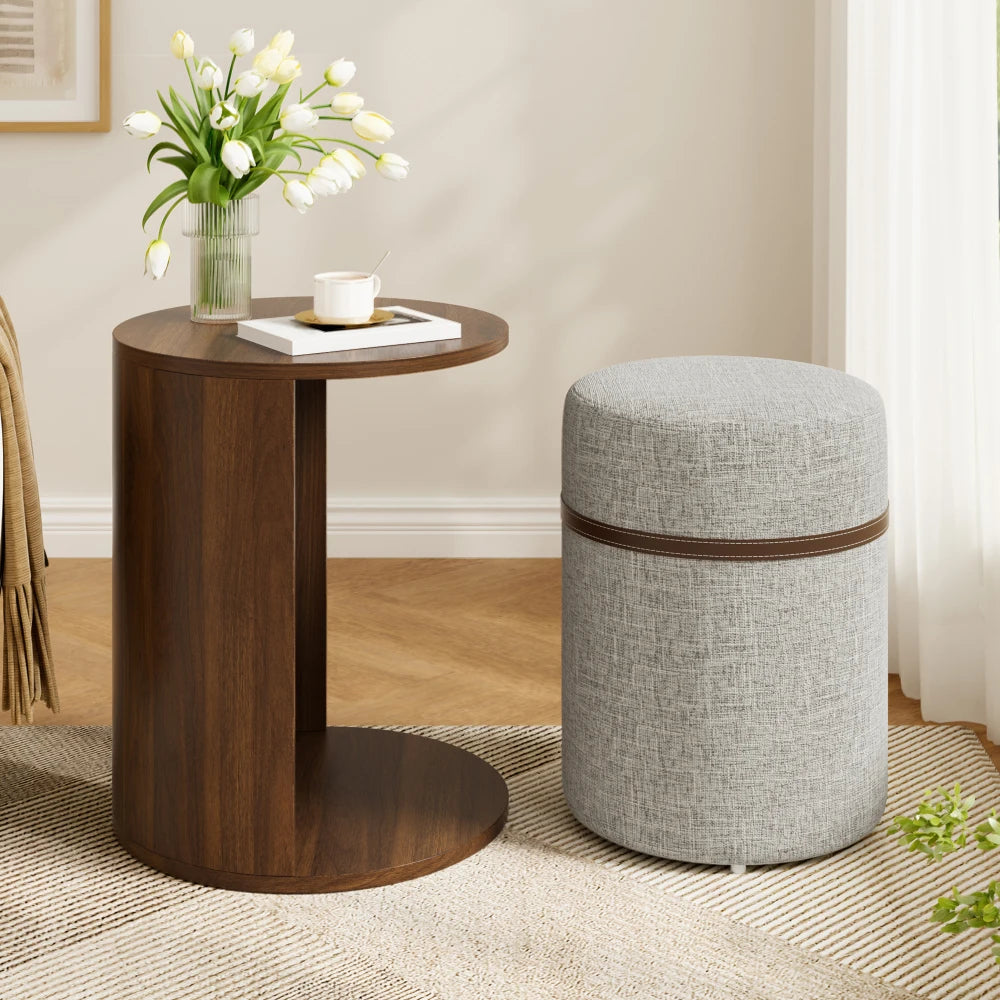 Round Side Table with Integrated Stool & Storage – Walnut