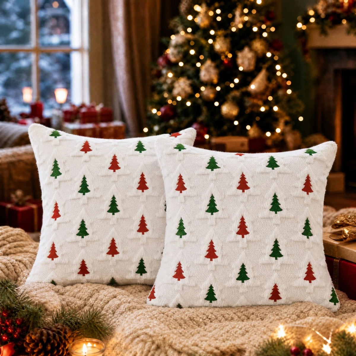 Christmas Tree Embroidered Cushion Cover – 2 piece set, 45x45 cm