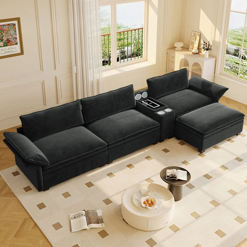 Modular L-Shaped Cloud Sofa with Chaise & Storage – Black