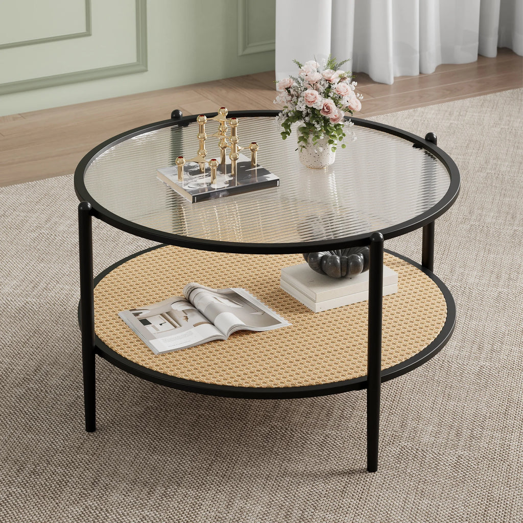 Round Rattan Side Table with Storage Shelf – Black/White