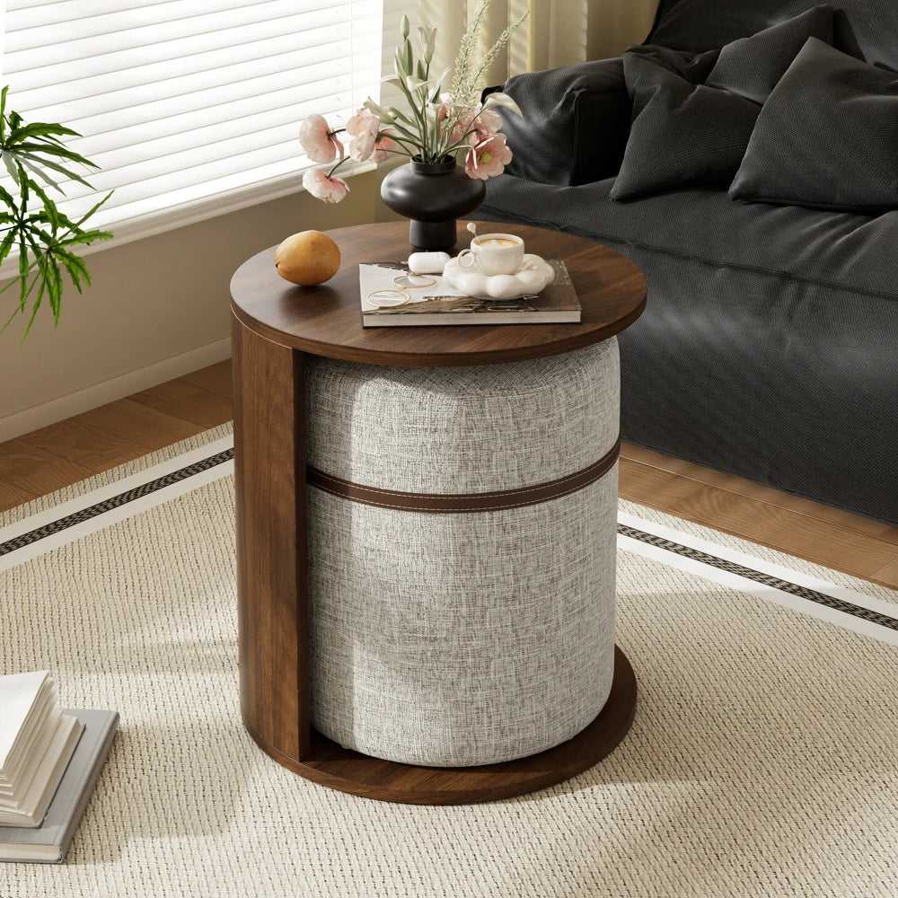 Round Side Table with Integrated Stool & Storage – Walnut