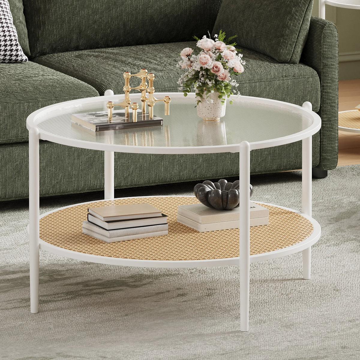 Round Rattan Side Table with Storage Shelf – Black/White
