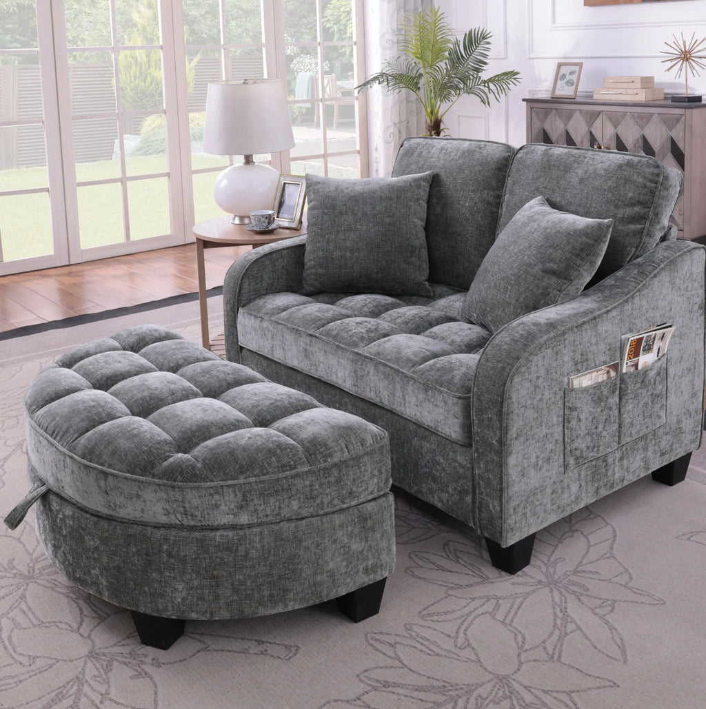 2-in-1 Convertible Sofa Bed with Storage Ottoman – Dark Grey