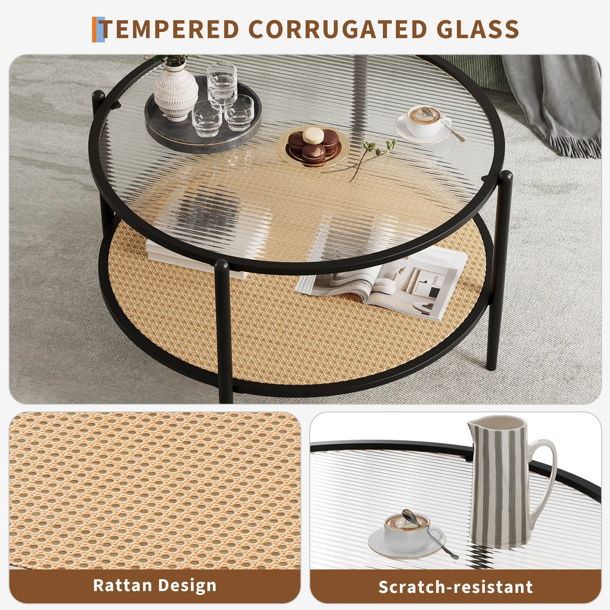Round Rattan Side Table with Storage Shelf – Black/White