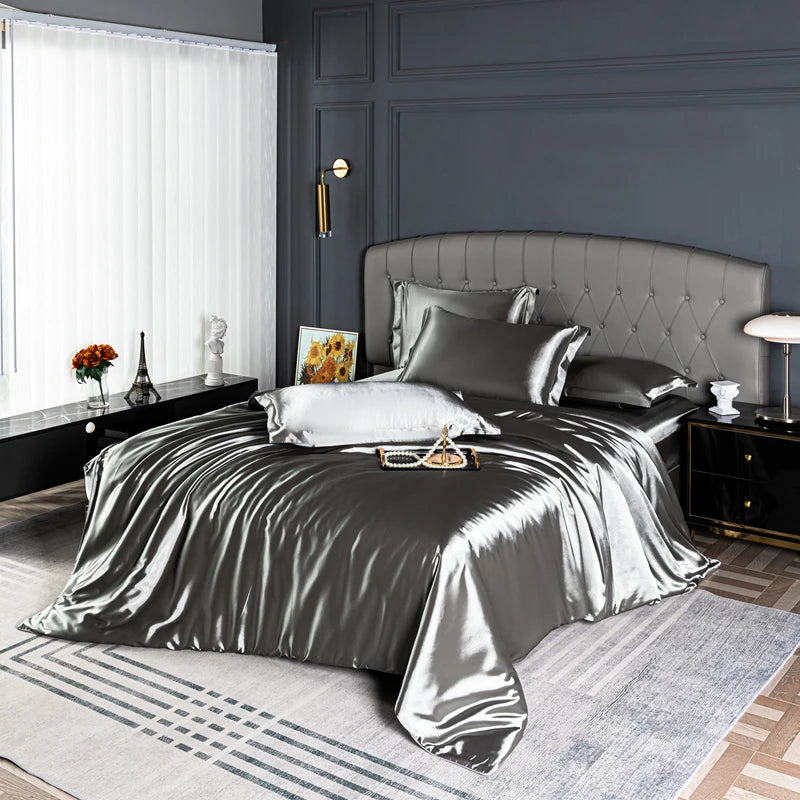 Satin Bedding Set – Duvet Cover, Sheet & Pillowcases Grey