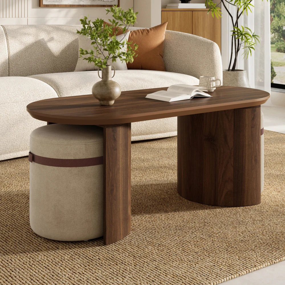 3-Piece Lounge Set with Round Table & 2 Upholstered Chairs – Walnut