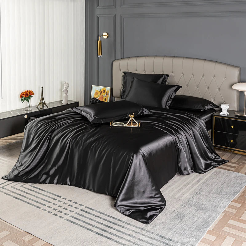 Satin Bedding Set – Duvet Cover, Sheet & Pillowcases Black