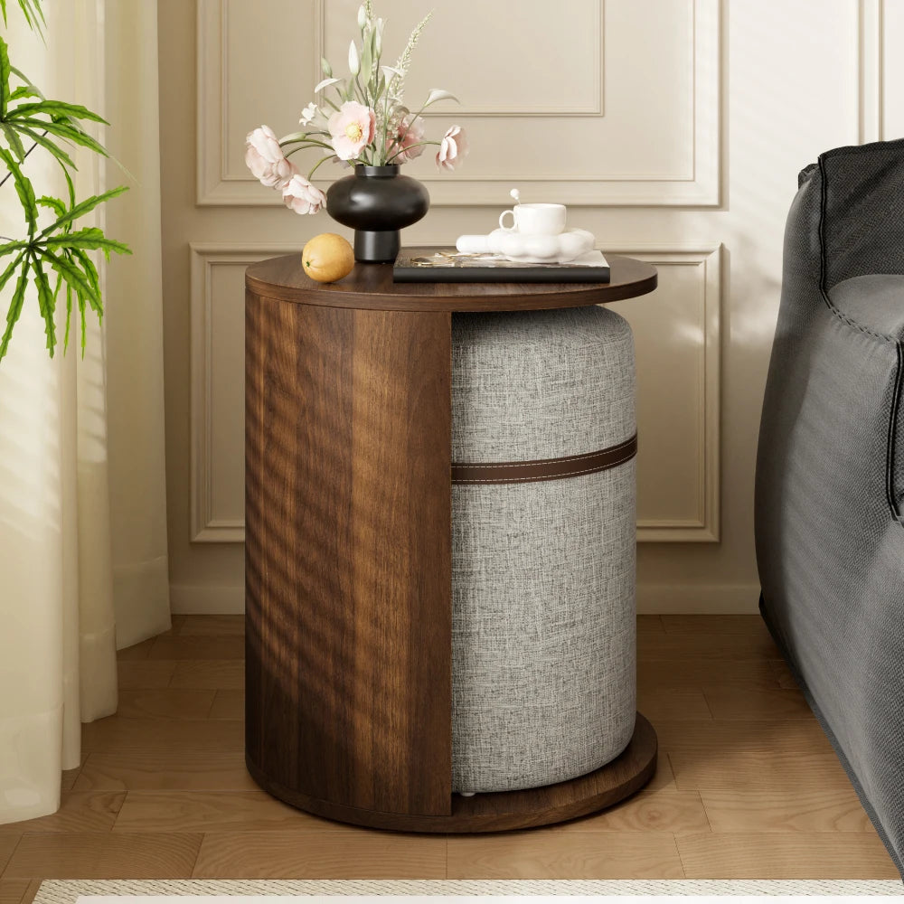 Round Side Table with Integrated Stool & Storage – Walnut