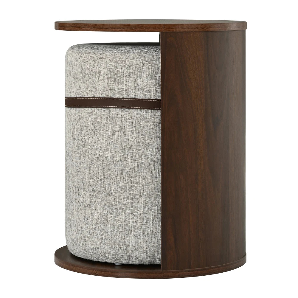 Round Side Table with Integrated Stool & Storage – Walnut