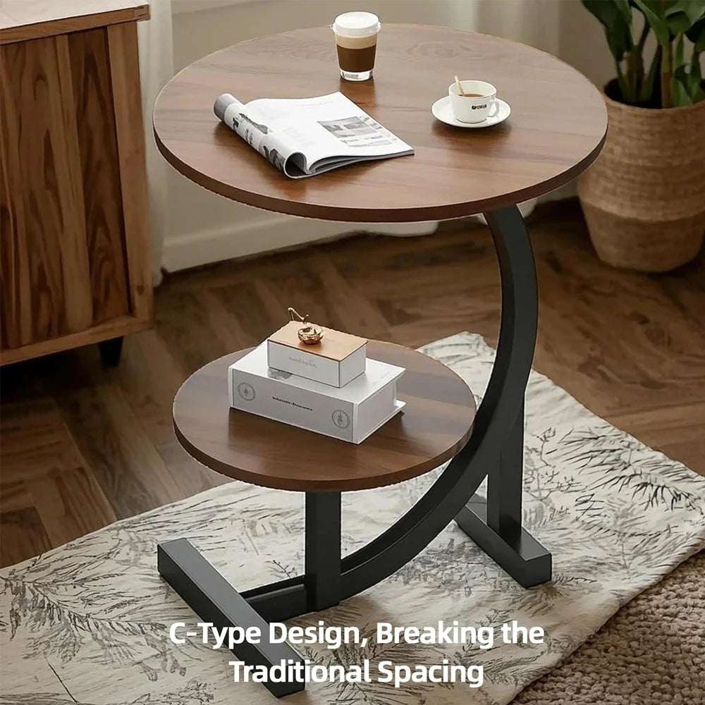 C-Shaped 2-Tier Side Table with Wood-Grain Finish – Brown