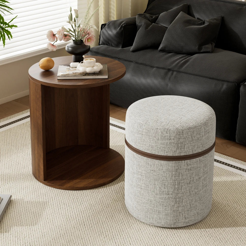 Round Side Table with Integrated Stool & Storage – Walnut