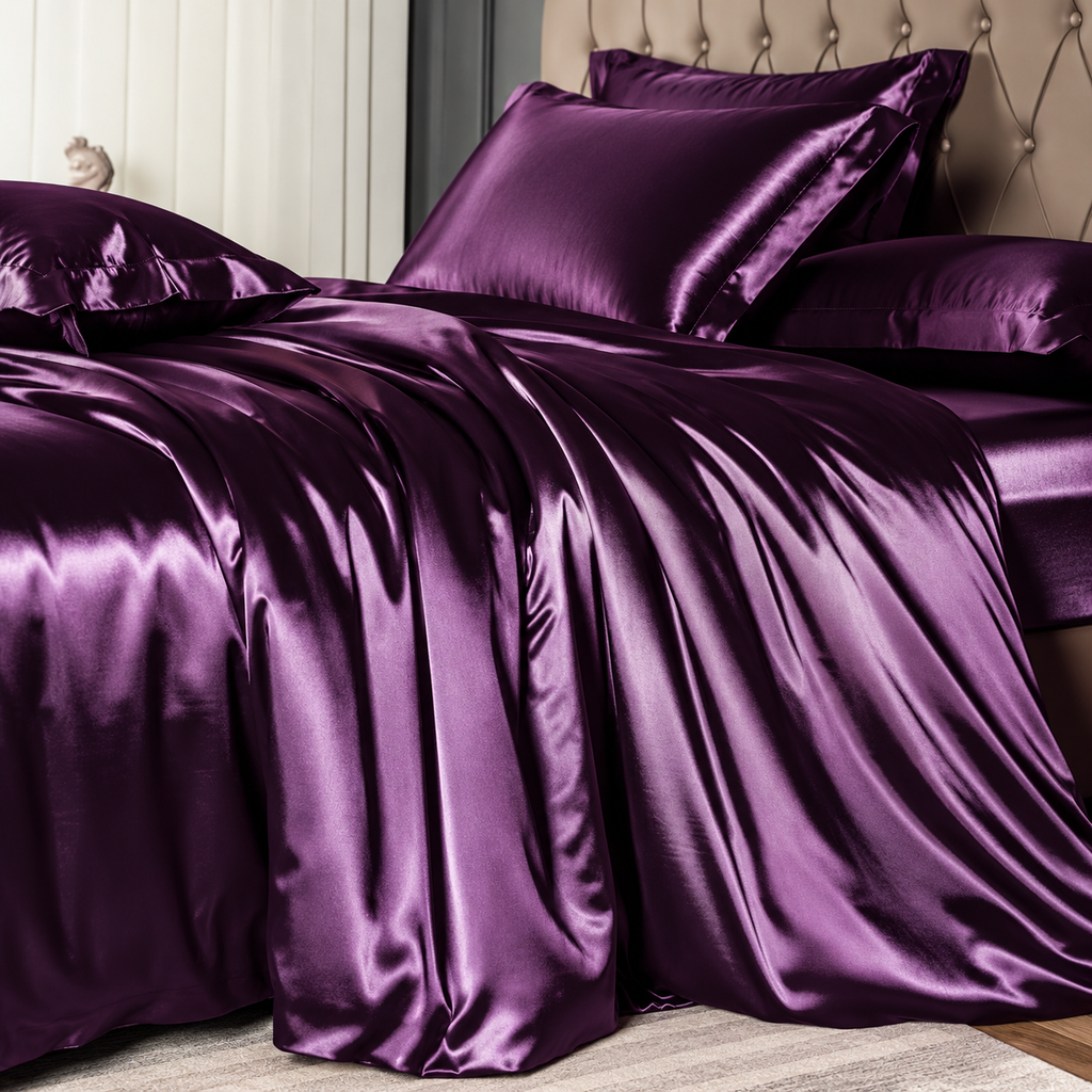 Close-up of glossy deep plum purple satin bedding in an elegant bedroom