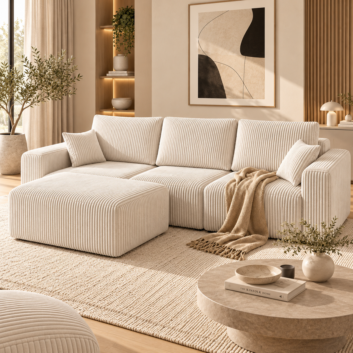 Black corduroy L-shaped sofa in a warm modern living room