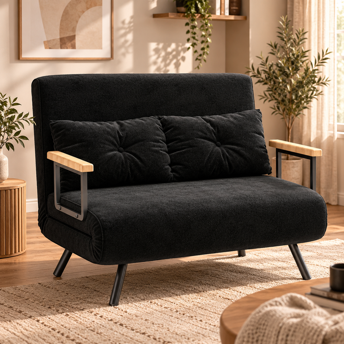 Black tufted loveseat with wooden armrests styled in a warm, contemporary living room