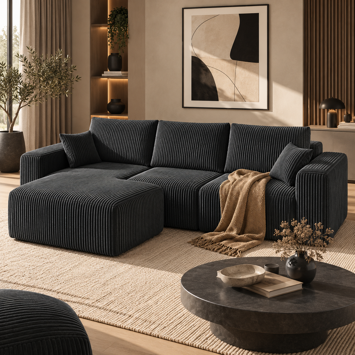 Charcoal ribbed corduroy modular sectional sofa styled in a warm, modern living room