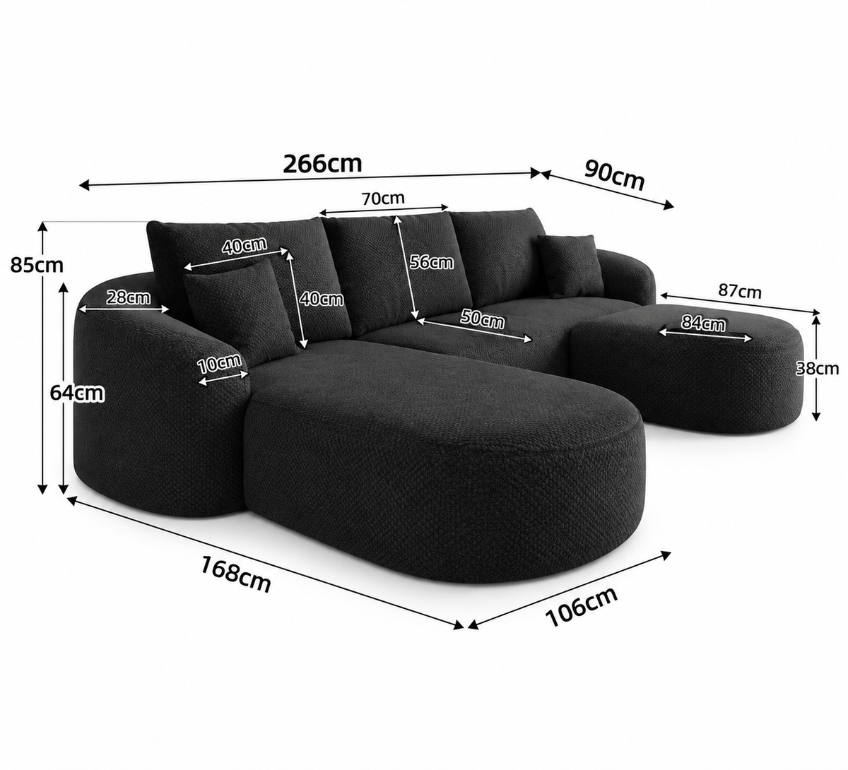 Charcoal modular sectional sofa with product dimensions in centimeters
