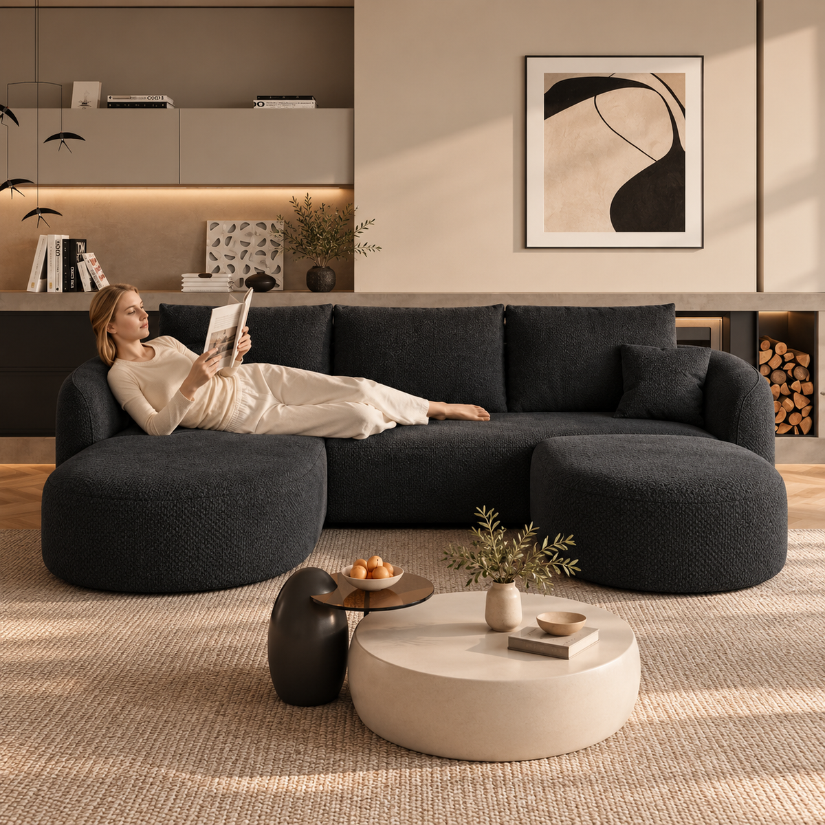 Charcoal modular sectional sofa styled in a warm modern living room with a woman relaxing and reading