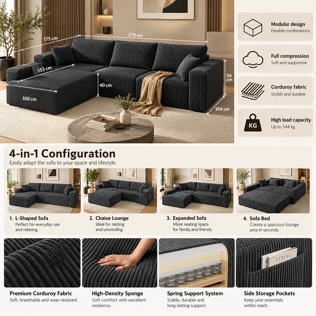 Professional feature and dimension infographic for a dark grey corduroy modular sectional sofa, showing configurations, construction, fabric, comfort, pockets, and dimensions.